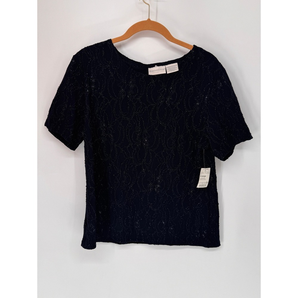 Worthington Blouse Women XL Black NWT Metallic Textured Swirl Short Sleeve Top